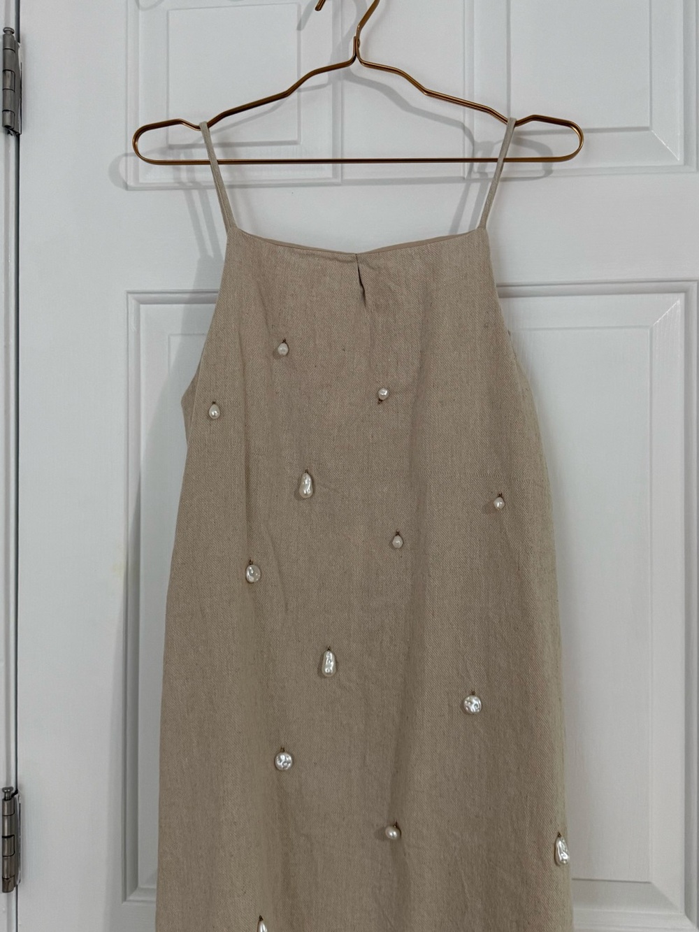 Zara Beige Embellished Linen-Blend Midi Dress